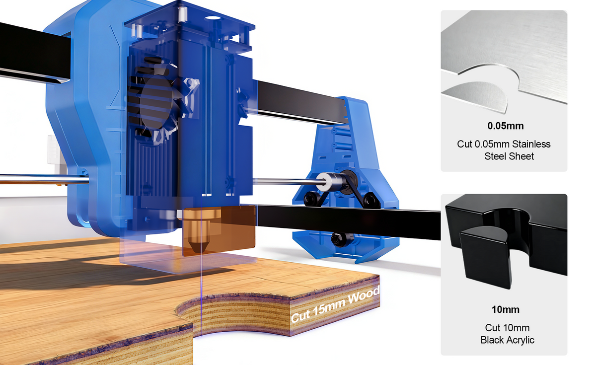 Ten laser o mocy 24W zapewnia silną moc wyjściową, umożliwiając czystsze i ostrzejsze cięcie drewna z znacznie mniejszą karbonizacją niż inne lasery. Obsługuje precyzyjne grawerowanie skomplikowanych wzorów i tekstów, odpowiednie dla różnych materiałów i branż. Niezależnie od tego, czy tnie drewno o grubości 15 mm, papier kraftowy, skórę czy precyzyjne metale, L1 Plus radzi sobie z tym bez wysiłku.