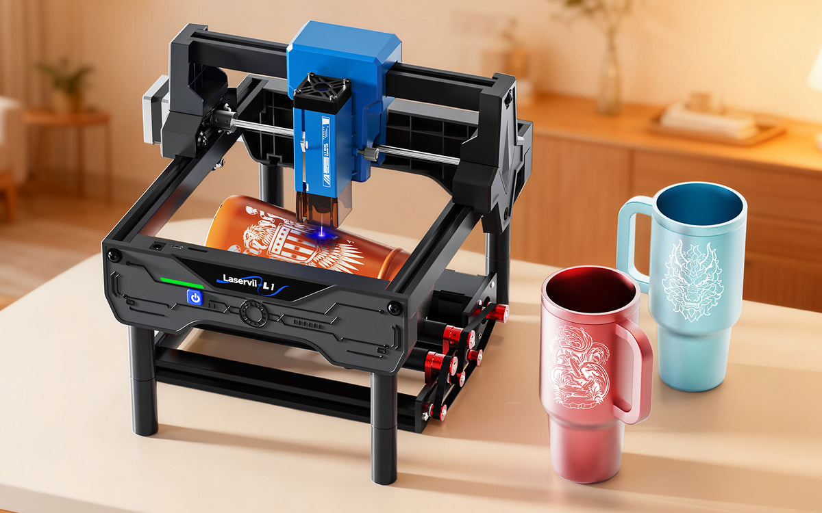 Posiada obrotową głowicę zdolną do grawerowania pod kątem 360° na małych, średnich i dużych cylindrach.