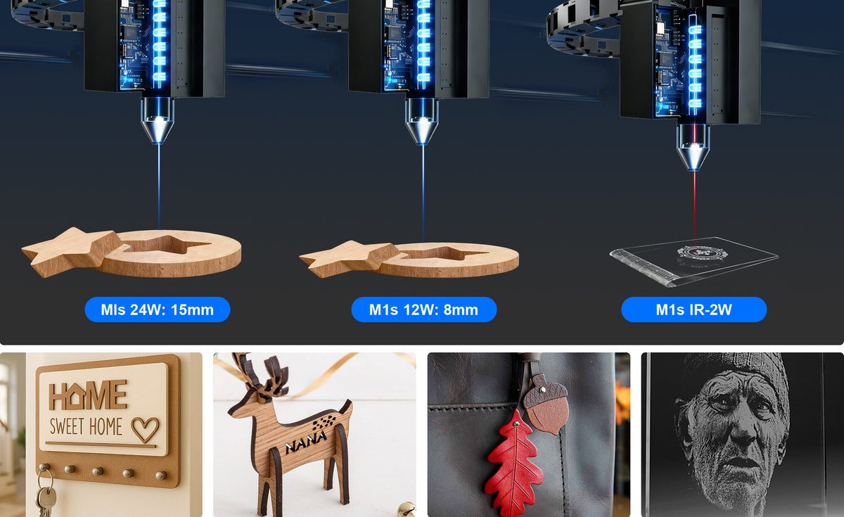Ten laser o mocy 12W zapewnia silne działanie, umożliwiając czystsze i bardziej precyzyjne cięcie drewna z znacznie mniejszą karbonizacją niż inne lasery. Obsługuje skomplikowane grawerowanie złożonych wzorów i tekstu, odpowiednie dla różnych materiałów i branż. Niezależnie od tego, czy tnie drewno o grubości 8 mm, papier kraftowy, skórę czy precyzyjne metale, M1s radzi sobie z tym bez wysiłku.